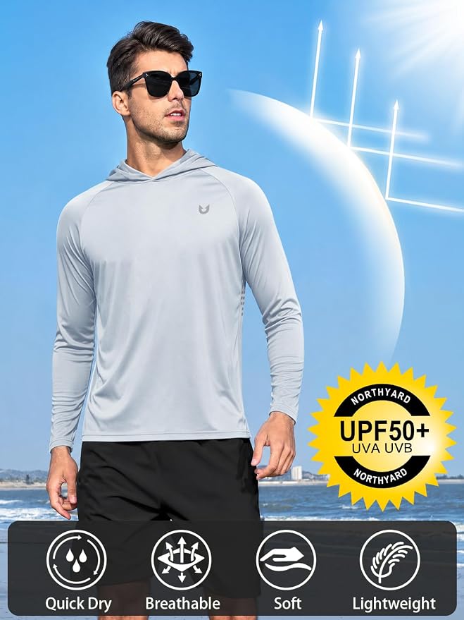 NORTHYARD Men's UPF 50+ Rash Guard Hoodie Long Sleeve Sun Protection Shirt Fishing Swim Beach Hiking Quick Dry Lightweight