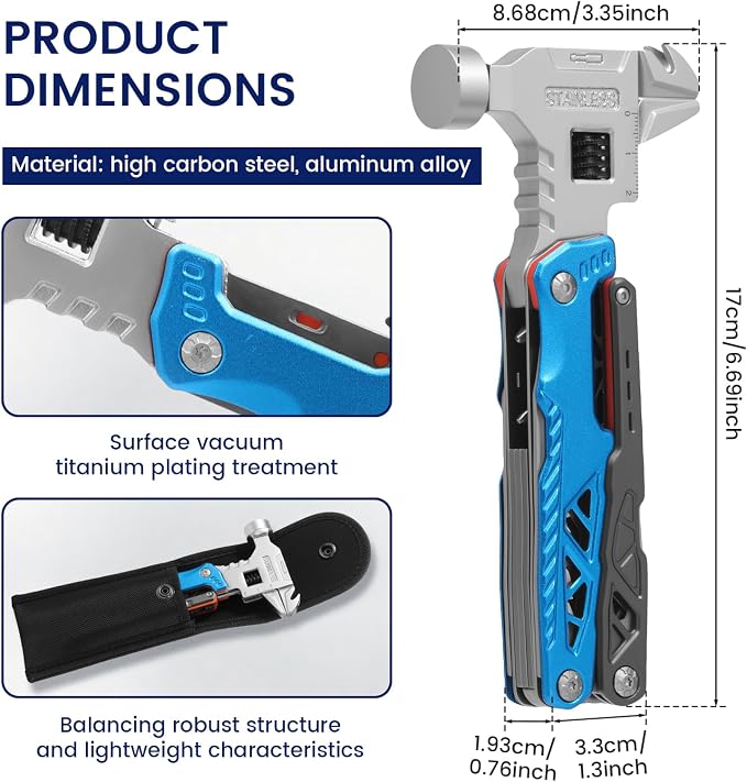 18-in-1 Multipurpose Tool Kit, Survival Camping Gear & Fishing Gifts, Multitool with Hammer, Pliers, Screwdriver and Pocket Knife for Dad Men(Blue)