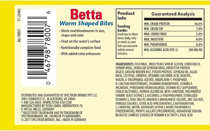 Tetra BettaMin Worm Shaped Bites 0.98 Ounce, Complete Diet for Bettas (Pack of 2)