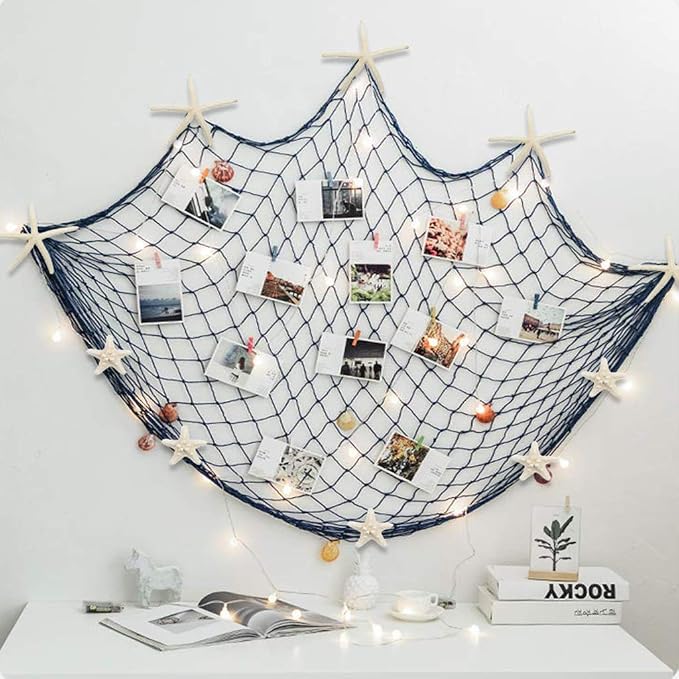 79 x 59 inch Nature Fish Net Wall Decoration with Colorful Sea Shells and 10 Pcs Natural Starfish Ocean Themed Mediterranean Style Fishing Net for Beach Party,Wedding,photography Wall Decoration