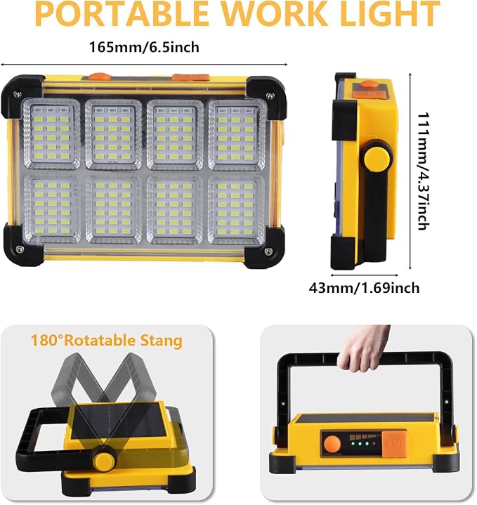 120W LED Solar Work Light, 144 LED 10000LM Portable Flood Light with Stand, 4 Modes Rechargeable, IP65 Waterproof Outdoor Working Light for Camping, Fishing, Car Repair & Mechanics (Yellow)