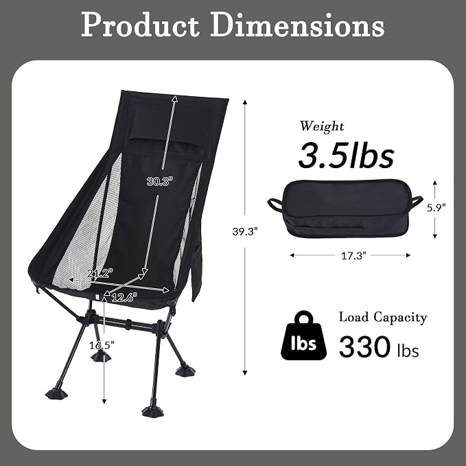 High Back Lightweight Camping Chair for Adults with Wide Seat and Head Support,Ultralight Compact Backpacking Chair with Anti-Sinking Large Feet and Storage Bag for Travel,Naturehike,Hiking