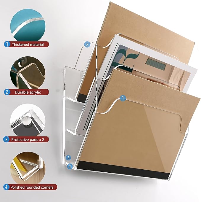 Acrylic Hanging Wall File Organizer, 2-Tier Mail Organizer Wall Mounted Magazine Wall File Holder, Paper Folder Organizer for Office, Desk, School