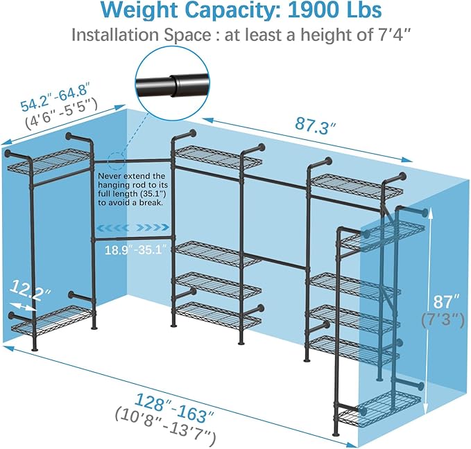 Timate U3 U Shape Garment Rack Heavy Duty Clothes Rack for Hanging Clothes, Expandable Industrial Pipe Clothing Rack Wall Mounted Closets L Shaped Wardrobe Closet System, Large Closet Kit, Black