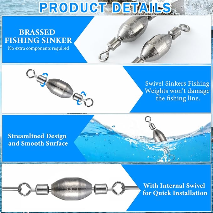 Seenelling 20 Pcs Brass Fishing Sinker Swivel Fishing Weights Saltwater Bullet Sinkers Drop Shot Weight Egg Sinkers with Swivel Rolling Removable Freshwater