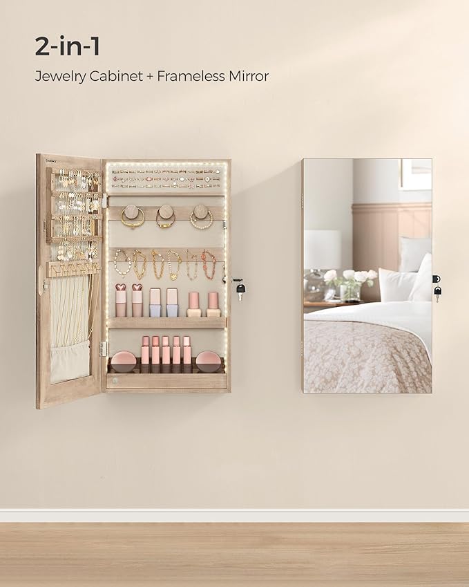 SONGMICS Mirror Jewelry Cabinet Armoire with Built-in LED Lights, Wall or Door Mounted Jewelry Storage Organizer, 3.8 x 14.6 x 26.4 Inches Hanging Mirror Cabinet, Gift Idea, Camel Brown UJJC050N01