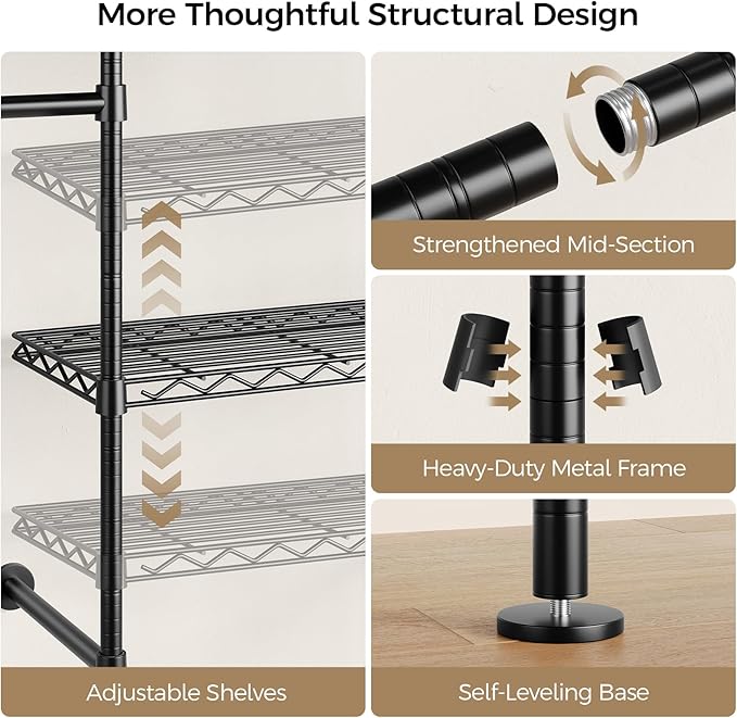 Closet Organizers and Storage, 5-Row Heavy Duty Clothes Rack for Hanging Clothes, Wall Mounted Closet System with 4 Telescopic Rods, 3 Fixed Rods, 6 Hooks, 8 Shelves for Wardrobe, Bedroom, Small Space