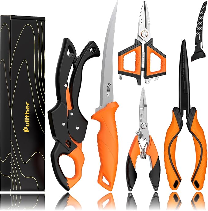 5PC Fishing Tool Kit - Fillet Knife, 2PC Fishing Pliers,Fishing Braid Scissors and Fish Lip Gripper, Fishing Gear for Fly Fishing, Ice Fishing