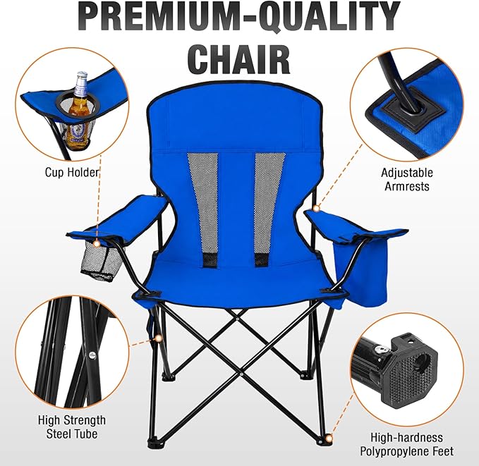 Camping Chairs for Adults 2 Pack, Folding Chair with 4-Can Cooler Bag & Cup Holder, Portable Heavy Duty Outdoor Chair with Mesh Back for Camping, Beach, Lawn, Fishing, Blue