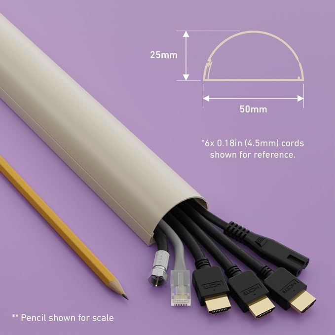 D-Line Half Round Cord Hider, Patented Cable Cover, Hide TV Wall Mount Wires, Raceway for Cords, Decorative Wire Covers, Paintable, Adhesive Cable Concealer, 2in W x 1in H x 39in L, Beige