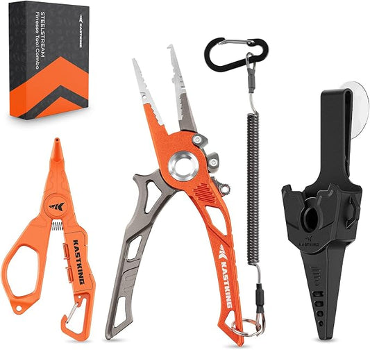 KastKing AlumaStream Finesse Fishing Tool Combo, 7.5” Aluminum Saltwater Fishing Pliers, Crossover Pliers, Wacky & Neko Rig Plier with O-Ring Storage, Fishing Tool Combo, Fishing Gifts for Men