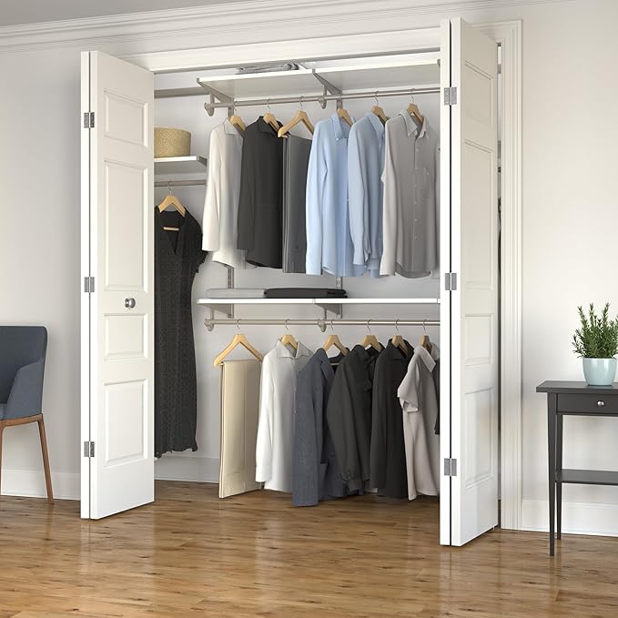 Closet Culture Steel Closet Organization System, Mounted Storage Kit with Shelves and Hanging Rods, 8 ft., 0300-KITA-8WT. White Finish