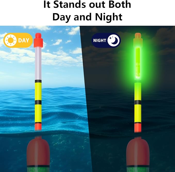 QualyQualy Lighted Fishing Slip Bobber 4-5Pcs Wood/EVA Fish Float + 8-10Pcs Glow Sticks, Night Fishing Light Up Slip Bobber for Crappie Bass Panfish Catfish Walleye
