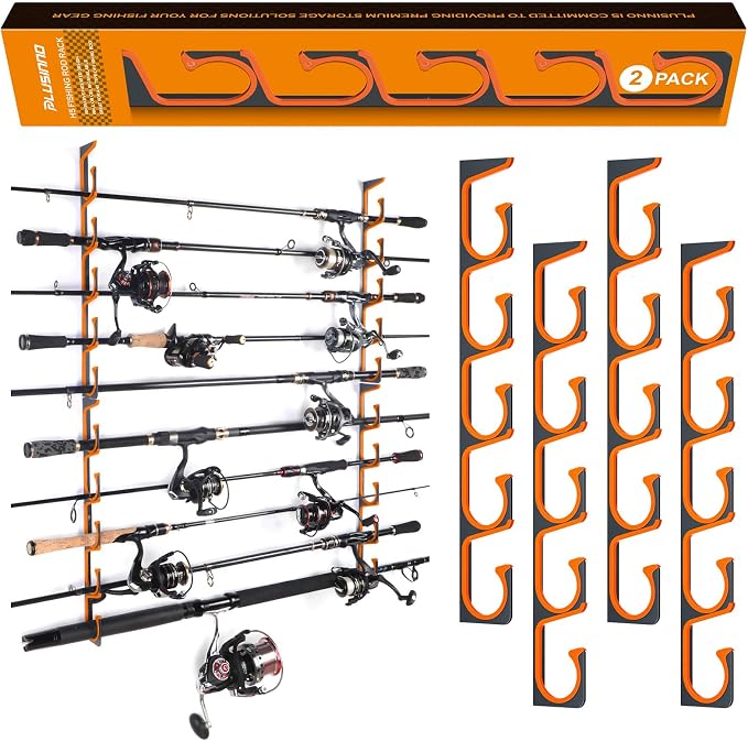 PLUSINNO H5 Horizontal Fishing Rod/Pole Holders for Garage, Wall Ceiling Mounted Fishing Rod Holder, Aviation Aluminum Fishing rod rack Holds up to 5/10/20 Rod or Combos Fishing Gear and Gifts for Men