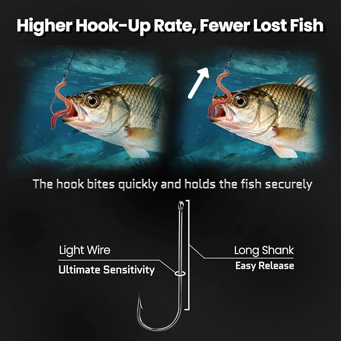 FishTrip 100 Pack Aberdeen Fishing Hooks Freshwater, Long Shank Light Wire Worm Hooks - Live Bait Hooks for Sunfish Bass Trout Crappie Bream Panfish Bluegill Size 16#-6/0