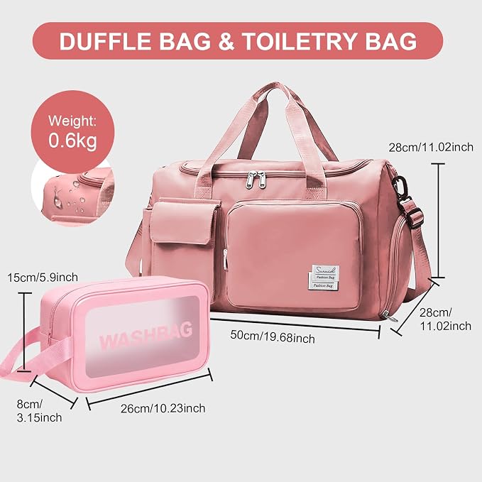 Suruid Gym Bag for Women Men, Travel Duffle Bag Large Capacity Carry On Weekender Bag With Shoe Compartment Gym Tote Dry Wet Separation Duffel Bag with Makeup Bag, Pink