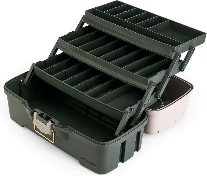 Plano Three-Tray Tackle Box, Green/Tan, Rust-Proof Brass Latch, Top-Access Tray with Deep Storage, Made in the USA, Portable Fishing Gear Storage Organizer