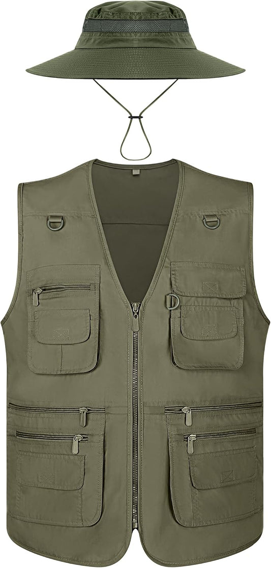Janmercy 2 Pieces Men's Work Fishing Vest with Hat Lightweight Safari Travel Hunting Waistcoat With Multi Pockets Fishing Hat