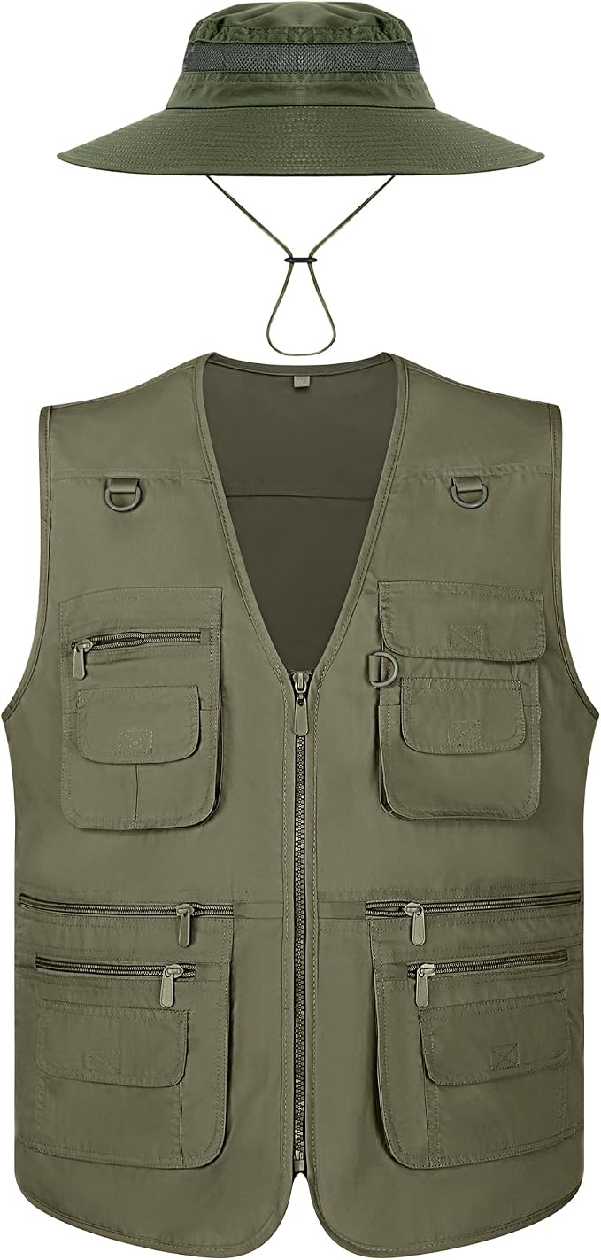 Janmercy 2 Pieces Men's Work Fishing Vest with Hat Lightweight Safari Travel Hunting Waistcoat With Multi Pockets Fishing Hat