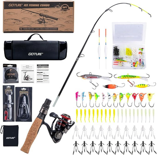Goture Ice Fishing Rod and Reel Combo with Carry Bag, 24''Medium Spinning Ice Fishing Pole, 58Pcs Jigs & Lures with Storage Box, Line,Fish Gripper, Pliers and Tools for Trout Bass Walleye