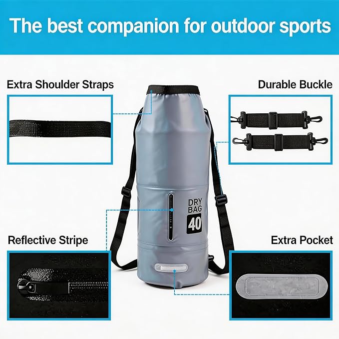 40L Waterproof Dry Bag - Floating Heavy Duty PVC Dry Sack - for Boating, Fishing & Beach - Backpack Style Waterproof Bag for Men & Women