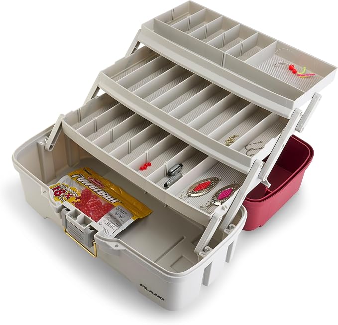 Plano Three-Tray Tackle Box Salmon Kit, Maroon/Grey, Rust-Proof Brass Latch, Top-Access Tray Compartments with Deep Storage, Made in the USA, Portable Fishing Gear Storage Organizer