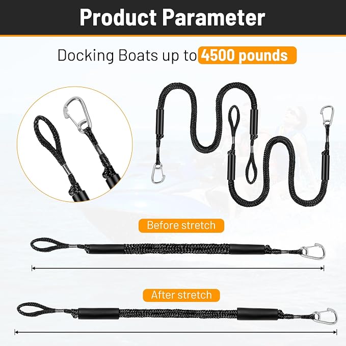 4-5.5ft, Bungee Dock Line with Stainless Steel Clip Safe Boat Rope Mooring String with Foam Float for Pontoon, Boat Accessories, Sea Doo,2 Pack (Black)