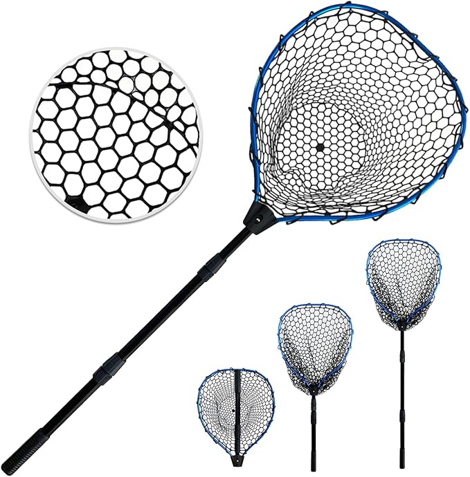 Telescoping Metal Lock Fishing Net Blue Aluminum Alloy Rubber Fish Net - Adjustable Length Lightweight Foldable Large Fishing Net with Handle Collapsible Extendable Fishing Accessories