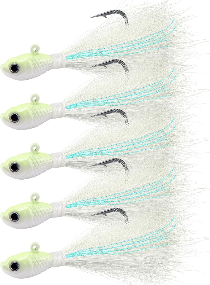 Alwonder 5-Pack Bucktail Jigs Hair Jigs Saltwater Freshwater Fishing Bucktail Lures Surf Fishing Jig Heads White Luminous Chartreuse Swimbait Jig for Bass Flounder Striper Bluefish Halibut Redfish