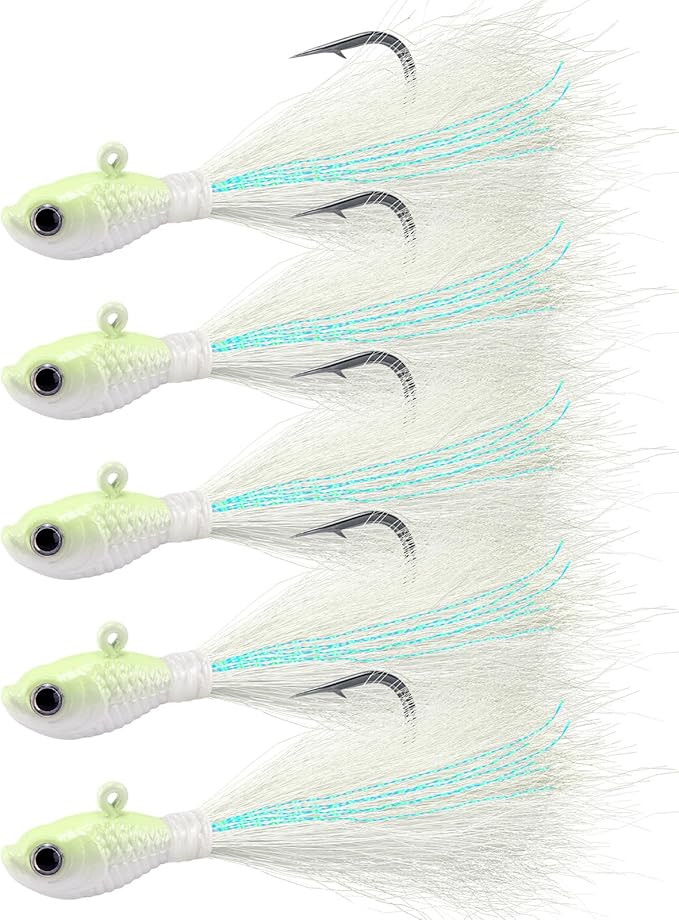 Alwonder 5-Pack Bucktail Jigs Hair Jigs Saltwater Freshwater Fishing Bucktail Lures Surf Fishing Jig Heads White Luminous Chartreuse Swimbait Jig for Bass Flounder Striper Bluefish Halibut Redfish