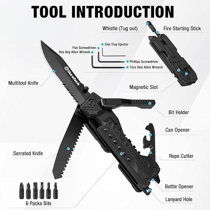 DURATECH 20 in 1 Multitool with Safety Locking, Gift for Men Dad, with Pocket Knife, Screwdriver, Saw, Can Opener, Bottle Opener, Whistle, Fire Starting Sticks, Multi Tool for Outdoor, Hunting, Hiking