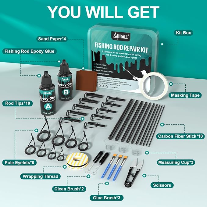 Fishing Rod Repair Kit - 3-in-1 Fishing Pole Complete Supplies Kit for Rod Tips, Fishing Rod & Guide Eyelets Replacement, with Epoxy Glue, Wrapping Thread, Other Fishing Accessories & Gear