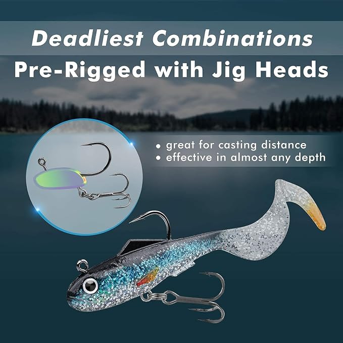GOTOUR Pre-Rigged Soft Fishing Lures with Weedless Hook, Lifelike Paddle Tail Swimbaits for Bass Fishing, Freshwater & Saltwater Fishing Bait, Fishing Tackle for Bass, Pike, Trout, and Walleye