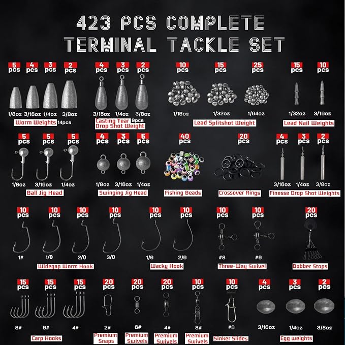 Fishing Accessories Kit, 264/423PCS Fishing Tackle Box with Hooks, Weights, Sinkers for Bass Trout, Gifts for Men,Kids