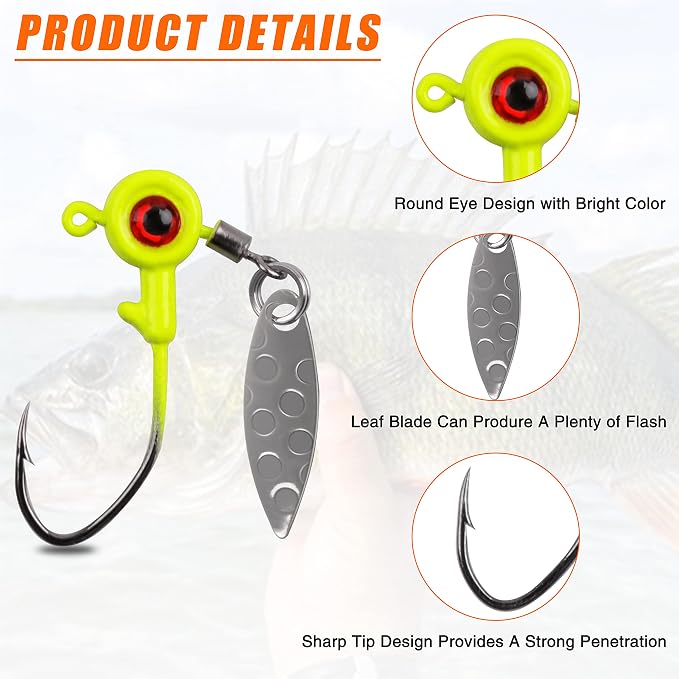 Crappie Jig Heads Fishing Lures Kit, 15pcs Underspin Jig Heads with Spinner Blade Crappie Lures Eye Ball Head Painted Fishing Jigs for Bass, Trout, Panfish, Sunfish