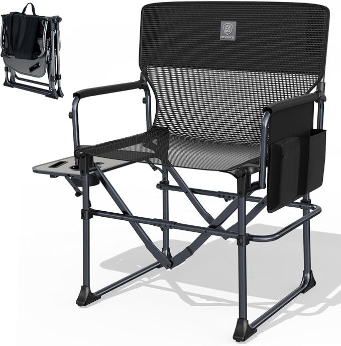 EVER ADVANCED Camping Directors' Chair with Side Table, Portable Folding with Compact Size, Breathable & Quick Dry Design Heavy Duty Lawn Chair with Pocket, 400lbs, Textilene Mesh, Black