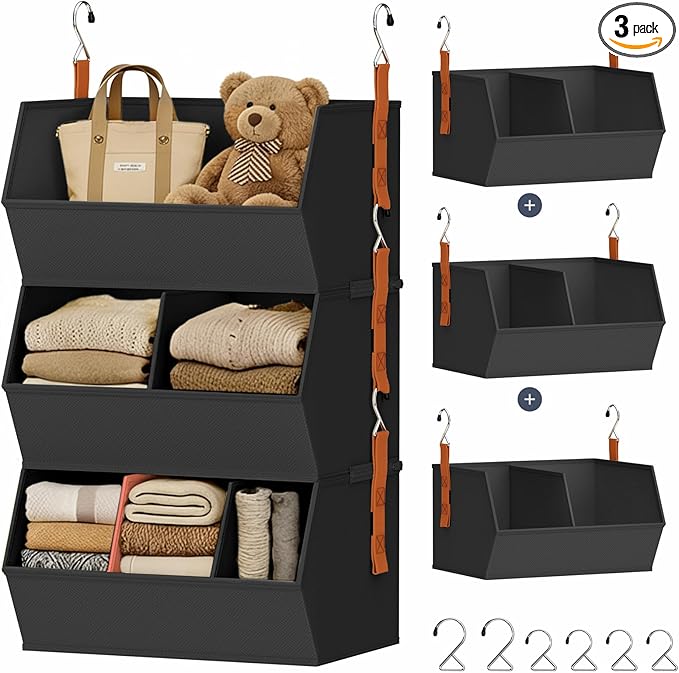 Hanging Closet Organizer Extra Large, Clothes Hanging Shelves for Closet with Divider, Collapsible Closet Storage System, Fabric Storage Bins for Home, Dorm, Rv, Sweaters, Handbags, Underwear, Sock