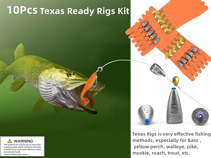 10Pcs Fishing Bullet Weights Texas Rigs Ready Kit,Worms, Sinker (10g/7g/5g), Worm Hooks, Carbon line,Spinner Blades，Eye Beads Bait, Fishing Bass Rig Saltwater Freshwater