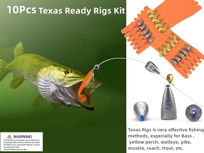 10Pcs Fishing Bullet Weights Texas Rigs Ready Kit,Worms, Sinker (10g/7g/5g), Worm Hooks, Carbon line,Spinner Blades，Eye Beads Bait, Fishing Bass Rig Saltwater Freshwater