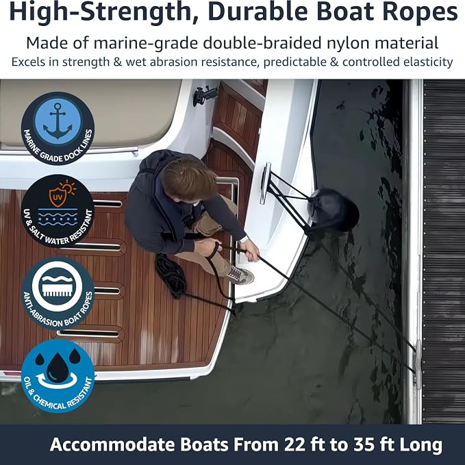 2 Pack 1/2" x 30' Dock Lines - Marine Grade Nylon Boat Rope with 12" Loop for Docking and Mooring - Double Braided Boat Lines, High Strength, Easy Handling, Fray Resistant - Black