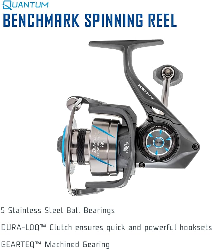Quantum Benchmark Spinning Fishing Reel, 5+1 Bearings, Aluminum Frame, SEALOQ 6 Protection, GEARTEQ Machined Gears, CFX200 Carbon Fiber Drag, Silver/Blue