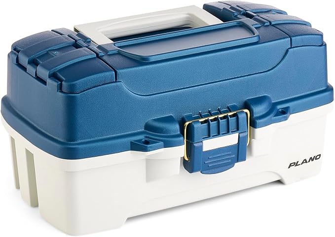 Plano One-Tray Tackle Box, Blue/White, Rust-Proof Brass Latch, Top-Access Tray with Deep Storage, Made in the USA, Portable Fishing Gear Storage Organizer