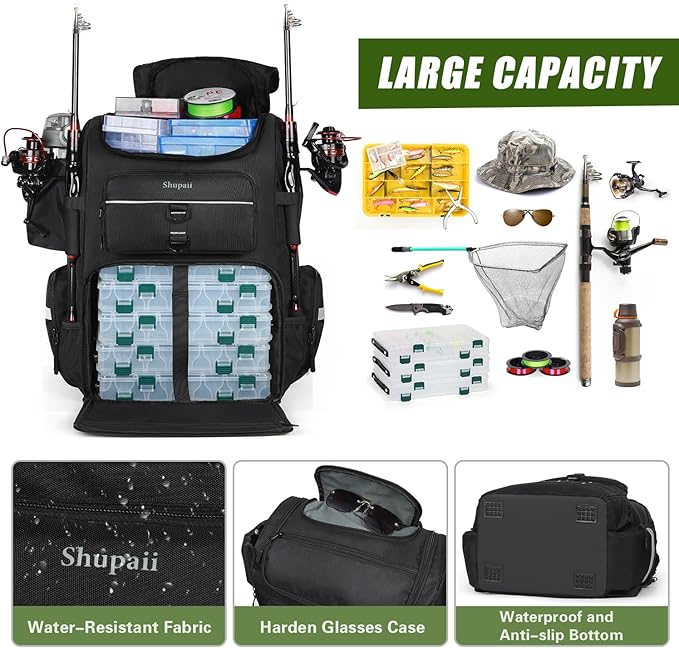 Large Fishing Backpack, Waterproof fishing bag with Rod Holders, 45L Tackle Box Backpack, Fishing Gear Gifts for Men, Tackle Boxes No Including