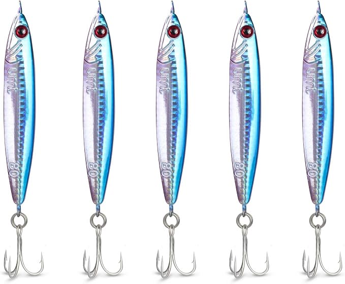 UMT 80g Saltwater Fishing Jigs for Sea Bass, Fluke, Porgy 1, 5, 10 Packs - Set with Treble Hook, Multi-Colors - Saltwater & Freshwater Compatible Fishing Lure