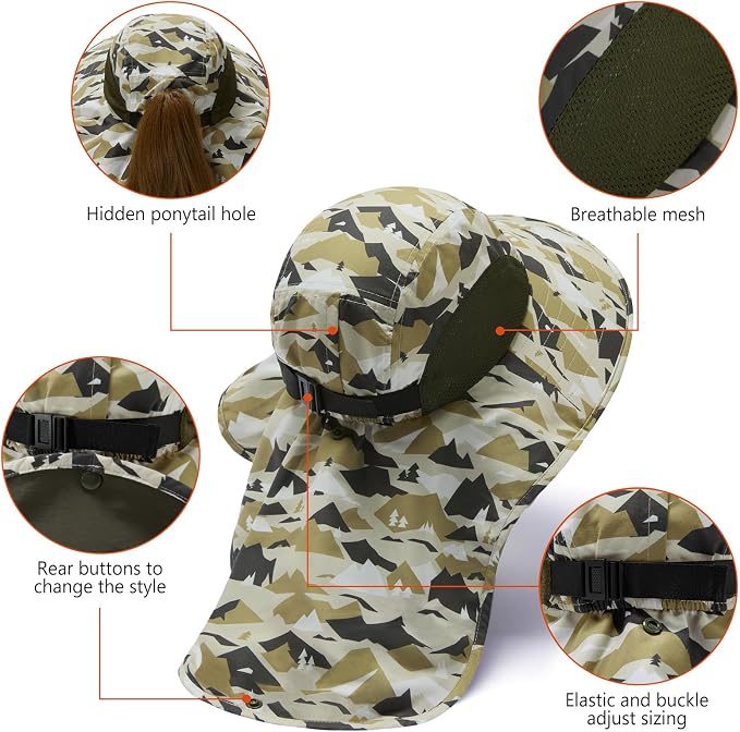 BASSDASH UPF 50+ Unisex Water Resistant Wide Brim Sun Hat with Large Neck Flap Ponytail Fishing Hat for Men Women