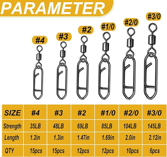 Snap Swivels Fishing Speed Clips for Quick Change, 70pcs Fishing Power Clips Barrel Swivels High Strength Clips Snap Freshwater Saltwater Popper Crankbait Lures Quick Snaps Connectors 6 Sizes