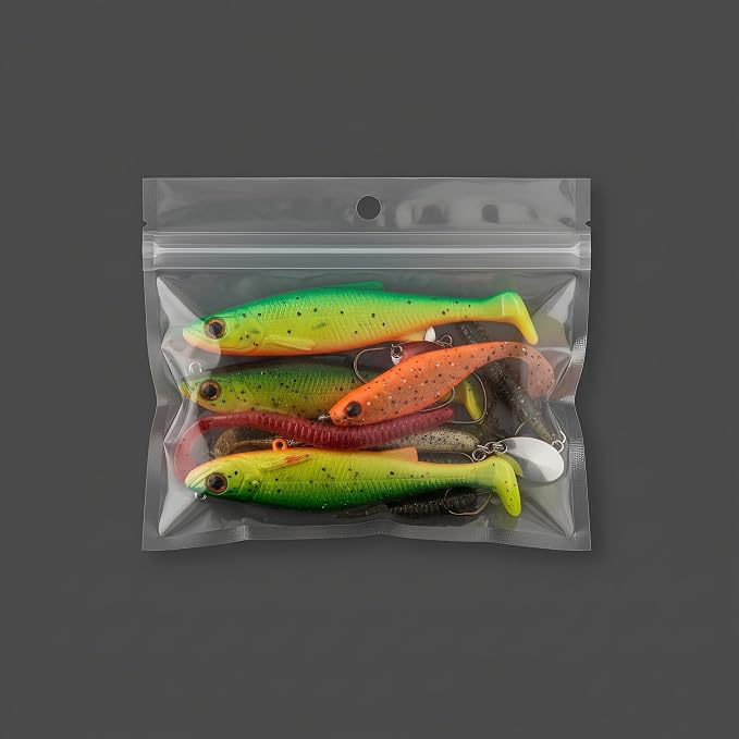 100 Pack Soft Plastic Baits Bags | Heavy-Duty Clear Lock Zipper Packaging Bags - Leakproof Double-Sealed Zipper Storage for Soft Plastic Lures & Fishing Gear | Multiple Sizes (5.9"x5.5")