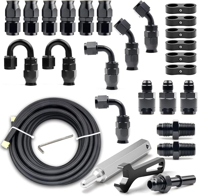 6AN PTFE Fuel Line Kit, Nylon Stainless Steel Braided Fuel Hose, LS Swap EFI E85 Injection Fuel PTFE Fitting 3/8" 26FT