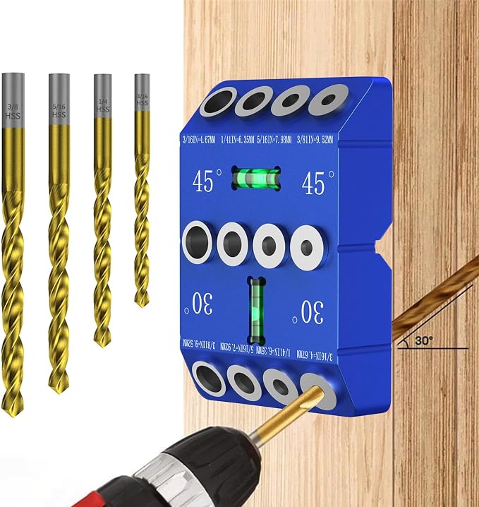VASTHOME Aluminum 30/45/90° Angle Drill Guide Jig for Woodworking - Precision Angled and Straight Hole Drilling with Bubble Level, for Stair Handrail, Deck Post, Cable Railing, Furniture Assembly