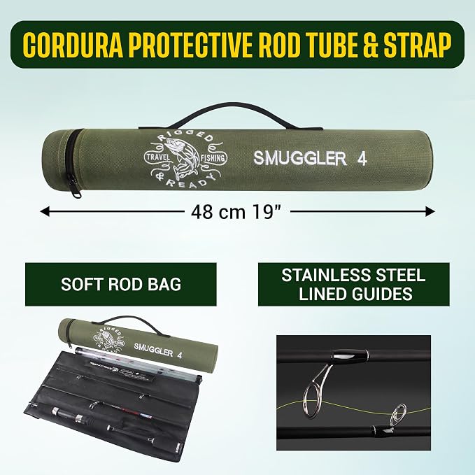 Rigged and Ready Smuggler Series™ Travel Fishing Rods. Super Compact, 1 Spinning Rod and Reel Combo, 4 Spin, 1 Casting Rod + Cases. 2, 3 or 4 Tips. Spin and General Freshwater - Saltwater Fishing